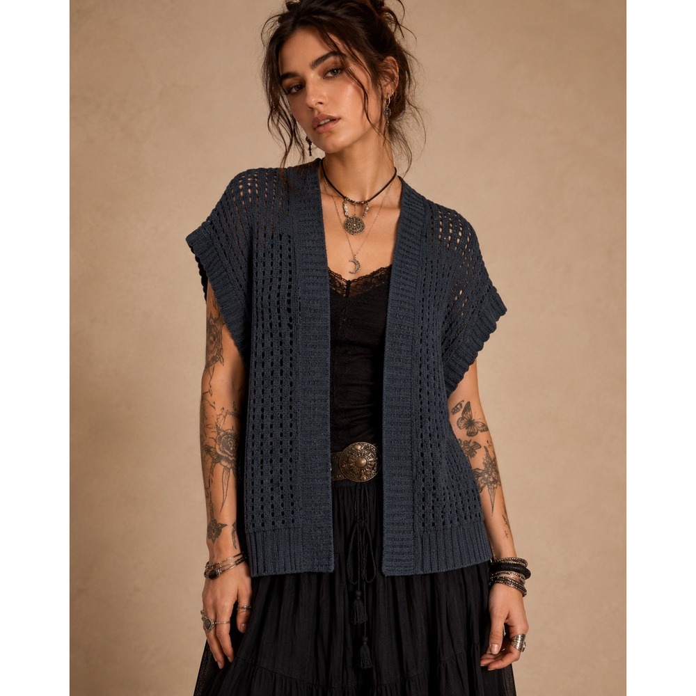 Sag Harbor Petite Navy Blue Crochet Knit Open Front Cardigan Vest PM